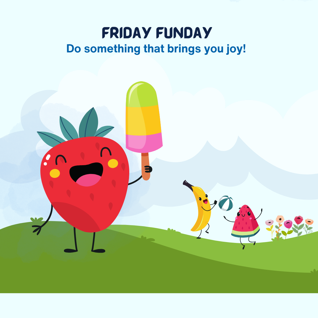  a strawberry holding a rainbow popsicle while a banana and watermelon slice throw a beach ball 